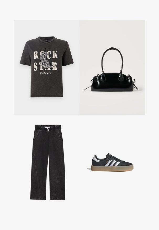 Camiseta de algodón negra con el texto en blanco "ROCK STAR" en negrita y un diseño de silueta de gato brillante. Cuello redondo y mangas cortas.; Pantalones anchos y negros hechos de una tela texturizada. Presentan una cinturilla elástica con un cordón blanco y bolsillos frontales con costuras diagonales.; Zapatilla deportiva de cuero negro con tres rayas plateadas, punta texturizada y suela de goma. Cuenta con un collar acolchado y un diseño con cordones.; Pequeño bolso negro brillante con dos asas largas y detalles de cordón lateral sobre un fondo claro liso.