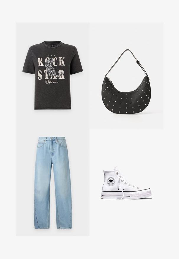 T-shirt en coton noir avec un texte blanc audacieux "ROCK STAR" et un design de silhouette de chat scintillant. Encolure ras du cou et manches courtes.; Jean en denim bleu clair avec une coupe droite, cinq poches et une fermeture éclair. Présente des coutures visibles et des accents en métal.; Baskets blanches montantes Converse Chuck Taylor All Star avec des rayures noires et un patch logo sur le côté, présentées sur un fond blanc uni.; Sac à main en cuir noir avec une forme arrondie, orné de clous en argent, doté d'une fermeture éclair et d'une seule sangle ajustable.