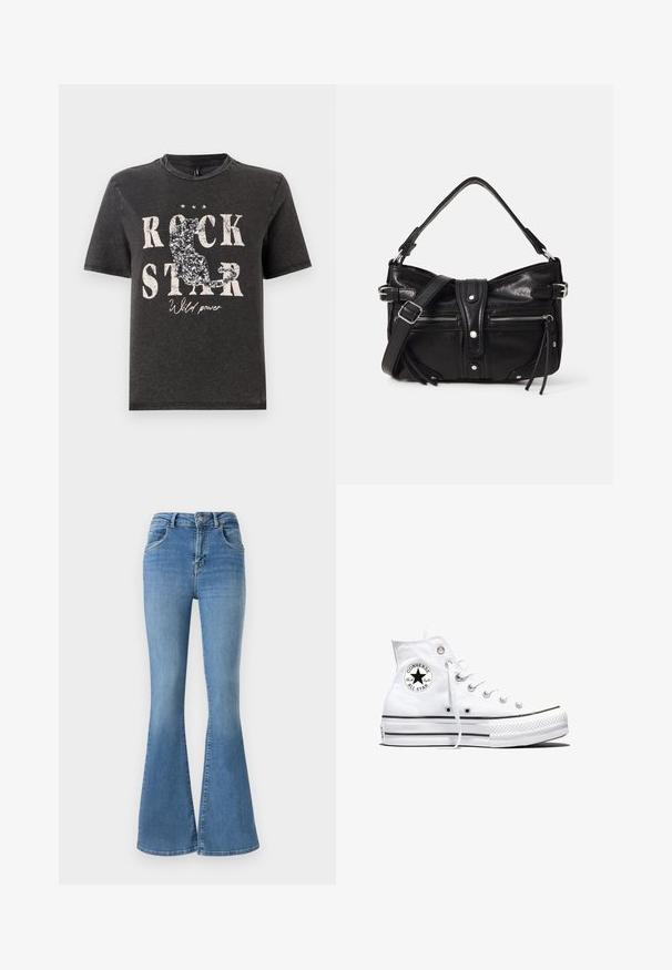 Zwarte katoenen T-shirt met vet witte tekst "ROCK STAR" en een glinsterend katten silhouet design. Ronde halslijn en korte mouwen.; Uitgebrede spijkerbroek van blauwe denim, met een hoge taille, rits- en knoopsluiting, en een vervaagd ontwerp met subtiele whisker-details.; Witte hoge Converse Chuck Taylor All Star sneaker met zwart logopatch en witte veters, weergegeven op een witte achtergrond.; Even&Odd H24462 - Handtas - black