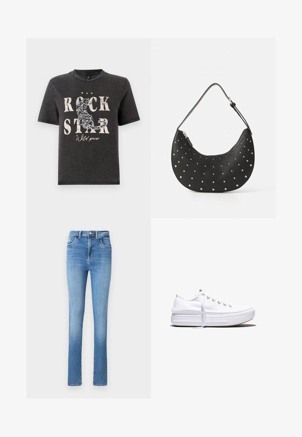 Zwarte katoenen T-shirt met vet witte tekst "ROCK STAR" en een glinsterend katten silhouet design. Ronde halslijn en korte mouwen.; Vervaagde blauwe spijkerbroek met een rechte snit, hoge taille, vijf zakken en subtiele stiksels bij de tailleband en zoom.; Witte lage canvas sneaker met dikke plateauzool, veters aan de voorkant en rubberen toeskap met structuur, zijaanzicht.; Zwarte leren handtas met een gebogen vorm, versierd met zilveren studs, voorzien van een ritssluiting en een enkele verstelbare schouderband.