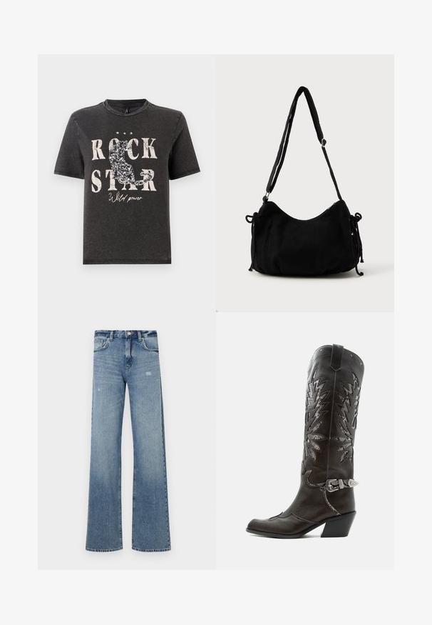Camiseta de algodón negra con el texto en blanco "ROCK STAR" en negrita y un diseño de silueta de gato brillante. Cuello redondo y mangas cortas.; Jeans de mezclilla azul claro con cintura alta, diseño de pierna ancha, ligera desgastación y estructura tradicional de cinco bolsillos.; Bota cowboy de cuero negro con recortes decorativos, hebilla plateada y tacón inclinado, presentada sobre fondo blanco.; Bolso de hombro de pana negra con forma curva, correa ajustable y cierres de cordón en ambos lados para ajustar el tamaño.