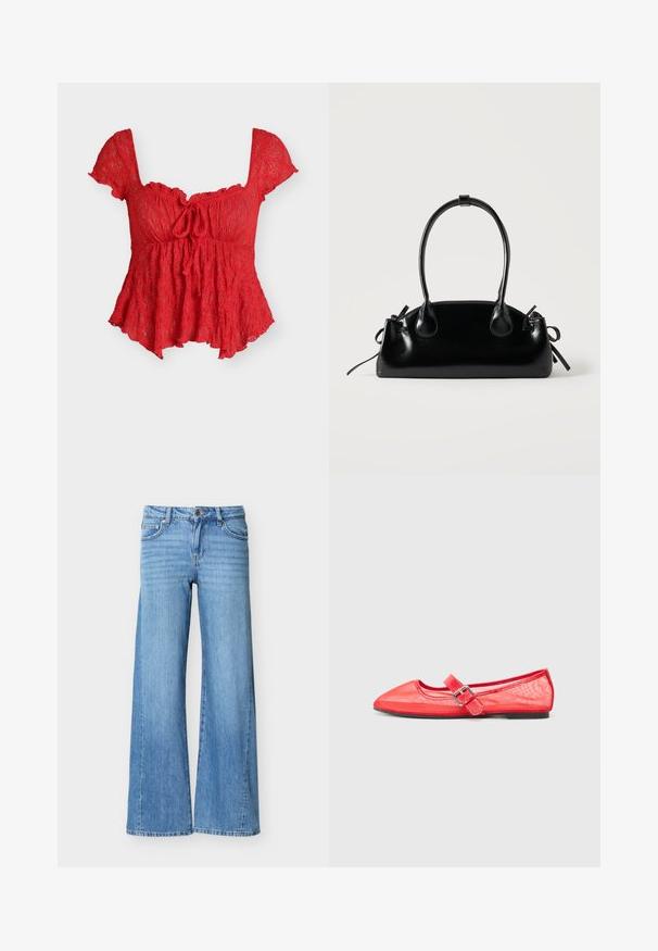 Rød blondebluse med korte ærmer, firkantet halsudskæring, bindedetalje foran og udvidet kant.; Lyseblå denimjeans med høj talje, knap- og lynlåslukning, forlommer og vide ben.; Røde spidse balletflader med en blank finish, der har en rem med en sølvspænde detalje og en flad sort sål.; Lille sort blank håndtaske med to lange håndtag og snøre-detaljer i siden på en ensfarvet lys baggrund.