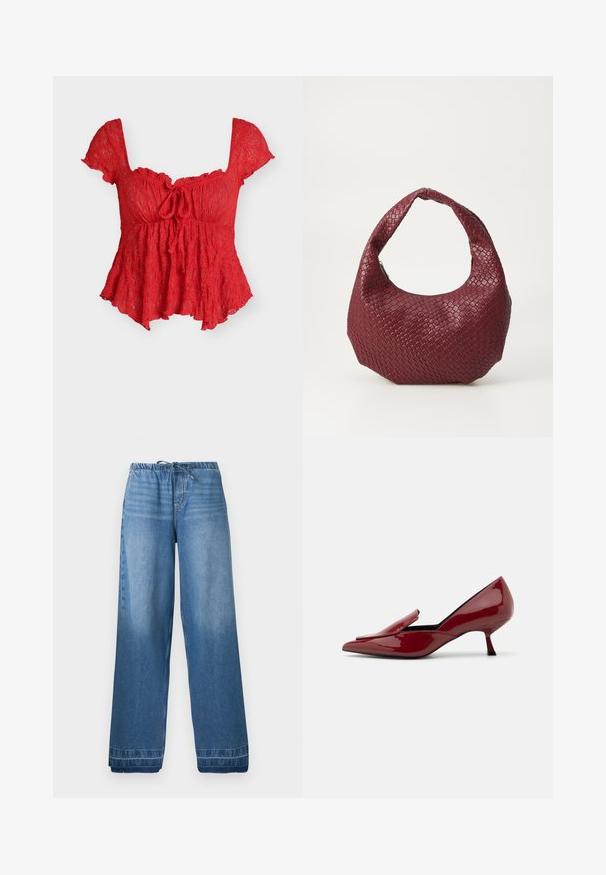 Rode kanten blouse met korte mouwen, vierkante halslijn, strikdetail aan de voorkant en uitlopende zoom.; Blauwe denim wijde broek met elastische tailleband en trekkoorden, met licht vervaagde plekken en gestikte zomen.; Rode glanzende leren hakken met een spitse neus, instapontwerp en een lage stiletto-hak. Stevige textuur met een strakke uitstraling.; Geweven bordeaux handtas met een afgeronde silhouet, een enkele handgreep en een gestructureerde afwerking. Ritssluiting aan de bovenkant.