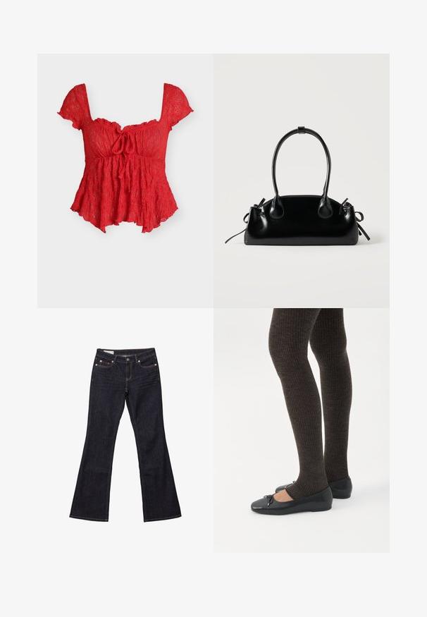 Blouse rouge en dentelle à manches courtes, encolure carrée, détail nœud à l'avant et ourlet évasé.; Jeans évasés en denim bleu foncé avec cinq poches, rivets en cuivre et coutures contrastantes. Texture lisse avec une coupe droite et décontractée.; Jambes portant des leggings côtelés foncés associés à des ballerines noires avec de petits détails en nœud sur fond blanc.; Petit sac à main noir brillant avec deux longues anses et des détails à cordon sur les côtés sur un fond clair uni.