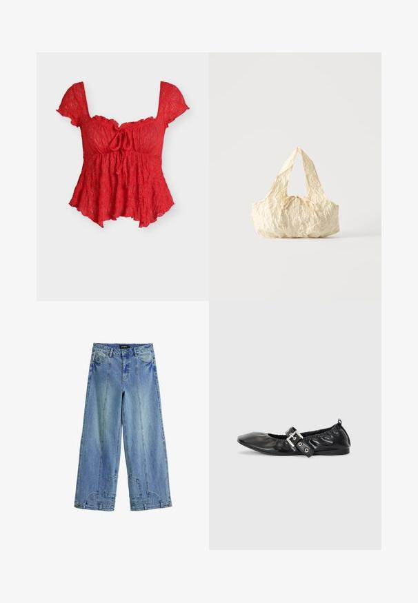 Rød blondebluse med korte ærmer, firkantet halsudskæring, bindedetalje foran og udvidet kant.; Lysblå, brede jeans i denim med høj talje, markante syninger og lappe-lignende detaljer på baglommerne.; Sorte læder flade sko med spids tå, samling detaljer omkring åbningen, og en sølv spænde accent på den justerbare rem.; Håndtaske i cremefarvet tekstureret stof med top-håndtag og en lille bundet sløjfe-detalje midt foran.