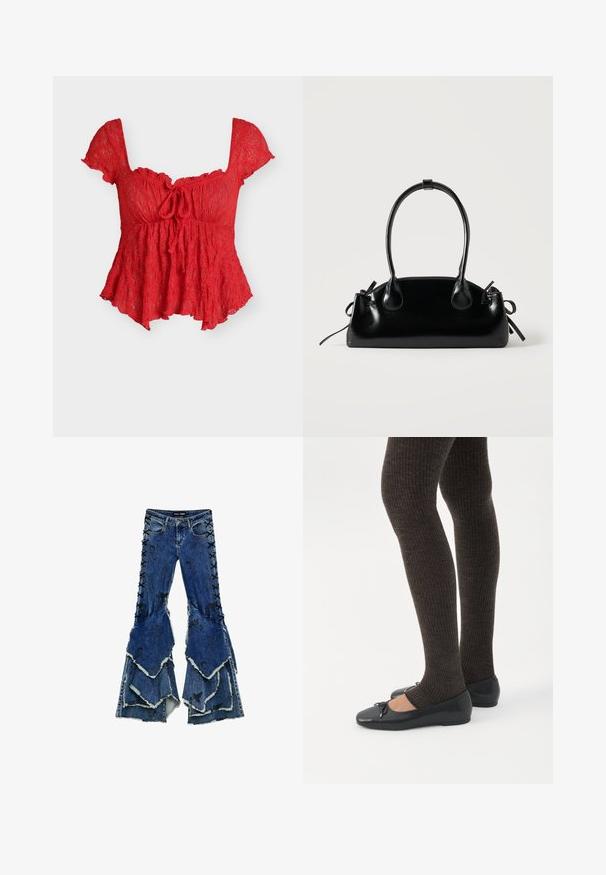 Blouse rouge en dentelle à manches courtes, encolure carrée, détail nœud à l'avant et ourlet évasé.; Jean en denim bleu à pattes d'éléphant avec une conception de volants superposés, présentant des détails lacés noirs sur les côtés et des bords effilochés.; Jambes portant des leggings côtelés foncés associés à des ballerines noires avec de petits détails en nœud sur fond blanc.; Petit sac à main noir brillant avec deux longues anses et des détails à cordon sur les côtés sur un fond clair uni.