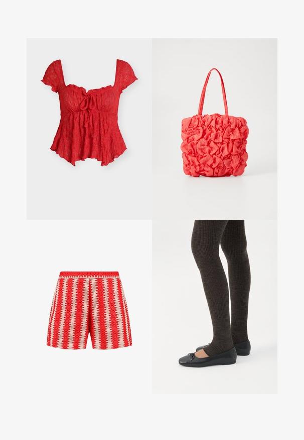Blusa roja de encaje con mangas cortas, escote cuadrado, detalle de lazo frontal y bajo acampanado.; Pantalones cortos rojos con una tela texturizada con rayas verticales blancas y un patrón en forma de concha. Cintura elástica y diseño de corte holgado.; Piernas con leggings oscuros acanalados combinados con bailarinas negras que presentan pequeños detalles de lazo sobre un fondo blanco.; Bolsa de mano coral con un diseño texturizado y fruncido. Hecha de una tela suave, cuenta con dos asas resistentes y un interior espacioso.