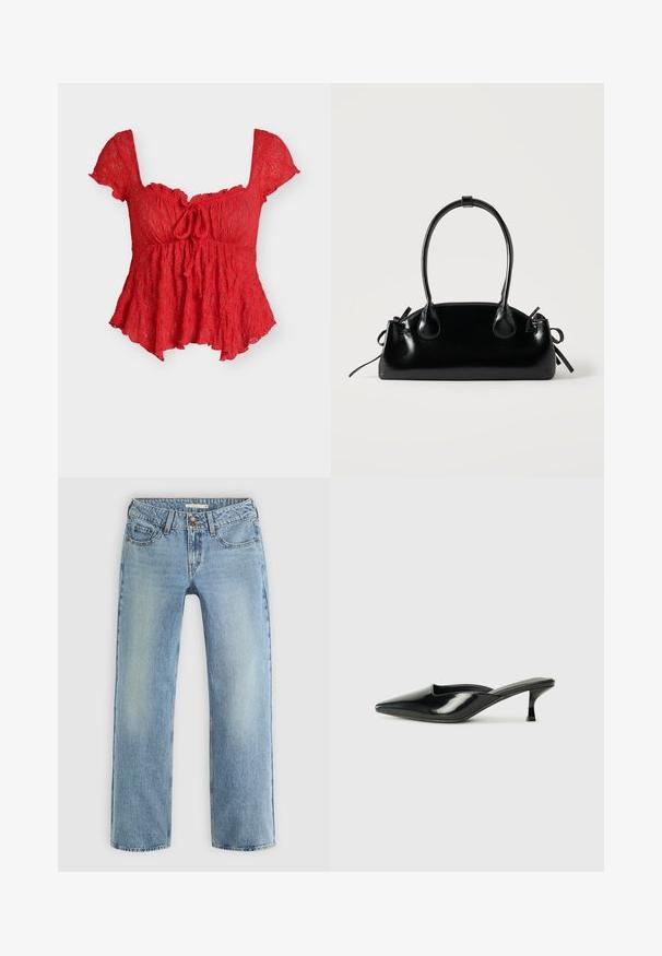 Blouse rouge en dentelle à manches courtes, encolure carrée, détail nœud à l'avant et ourlet évasé.; Jeans droits bleu clair en denim, dotés d'une fermeture à bouton, de cinq poches et d'un léger dégradé le long des jambes.; Mules en cuir verni noir avec un bout pointu, un petit talon et des côtés courbés, présentant une finition brillante et un design minimaliste.; Petit sac à main noir brillant avec deux longues anses et des détails à cordon sur les côtés sur un fond clair uni.
