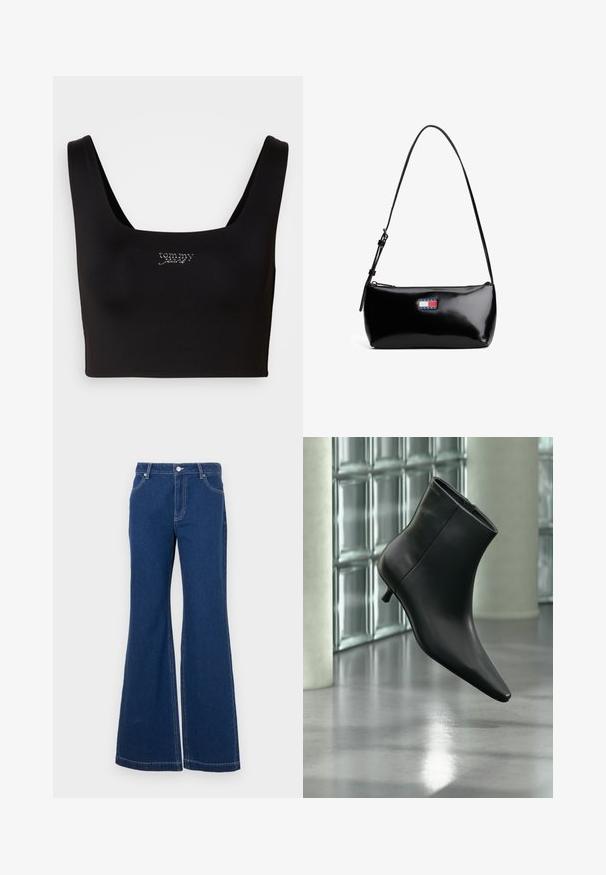 Zwarte crop top met een vierkante halslijn, gemaakt van gladde stof. Bevat een klein zilver geborduurd "tommy" logo aan de voorkant.; Donkerblauwe flared jeans van denim. Kenmerken zijn onder andere riemlussen, voorzakken en contrasterende stiksels. Brede broekspijpen.; Zwarte leren enkellaars met spits toelopende neus en lage kittenhak, schuin weergegeven tegen een gepolijste vloer en een glazen blokken muur als achtergrond.; Zwarte gepatineerde leren schoudertas met een gebogen schouderband, ritssluiting en een rechthoekig logo-opdruk in rood, wit en blauw.