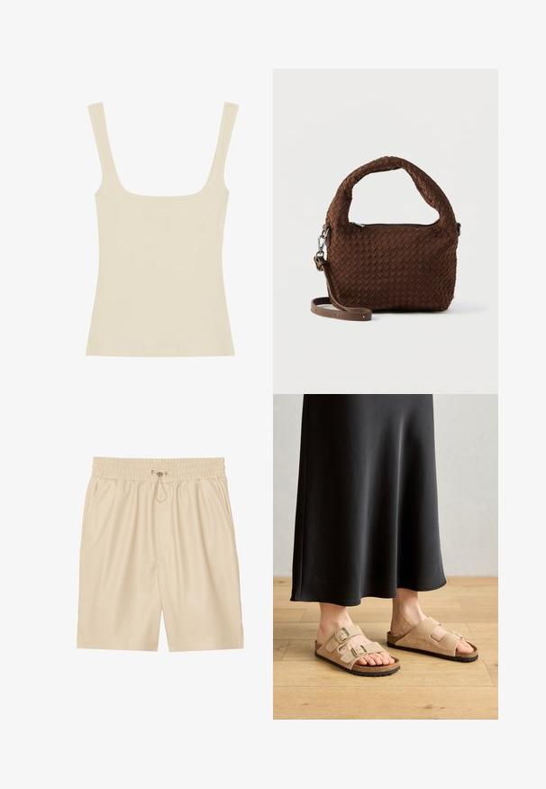 Geribbelde tanktop in lichtbeige, met een vierkante halslijn en dunne schouderbandjes, gemaakt van een zachte en rekbare stof.; Beige nepleer shorts met een elastische tailleband en trekkoord. Voorzien van zijzakken en een relaxte pasvorm. Gladde textuur.; Lichtbruine suède sandalen met twee verstelbare gespbandjes, kurken voetbed en rubberen zool, gecombineerd met een zwarte maxi-jurk.; Bruine geweven handtas met een afgeronde handgreep, zilveren beslag en een verstelbare band. Voorzien van een ritssluiting en een gestructureerd oppervlak.