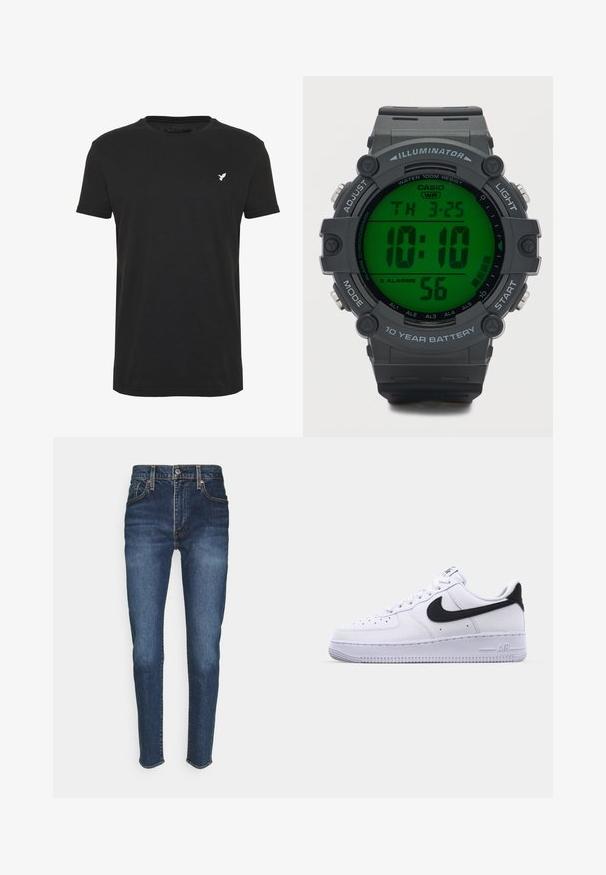 Schwarzes T-Shirt mit kurzen Ärmeln aus Baumwolle, mit Rundhalsausschnitt und einem kleinen weißen Vogel-Logo auf der linken Brustseite.; Dunkelblaue Jeans aus Denim mit einer figurnahen Passform, fünf Taschen, einem Frontknopfverschluss und orangefarbenen Nähten.; Weißes Leder-Sneaker mit einem strukturierten schwarzen Swoosh, flachen Schnürsenkeln und einer Gummisohle mit genoppetem Muster. "AIR" ist auf der Ferse eingeprägt.; Digitale Casio-Uhr mit rundem schwarzem Gehäuse, grünem LCD-Display und schwarzem Gummiband. Merkmale sind Wasserdichtigkeit und fünf Wecker.