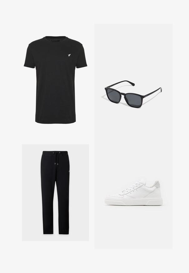 T-shirt noir à manches courtes en coton, avec un col ras du cou et un petit logo d'oiseau blanc sur la partie gauche de la poitrine.; Pantalon de jogging noir à cordon avec taille et poignets élastiques, présenté sur fond gris clair.; Des baskets en cuir blanc avec une finition lisse, un bout rond, des lacets plats et une semelle texturée. Accents en daim gris au niveau du talon.; Lunettes de soleil noires rectangulaires avec des verres foncés, des montures en plastique élégantes et des branches droites. Présente un logo discret sur le côté.