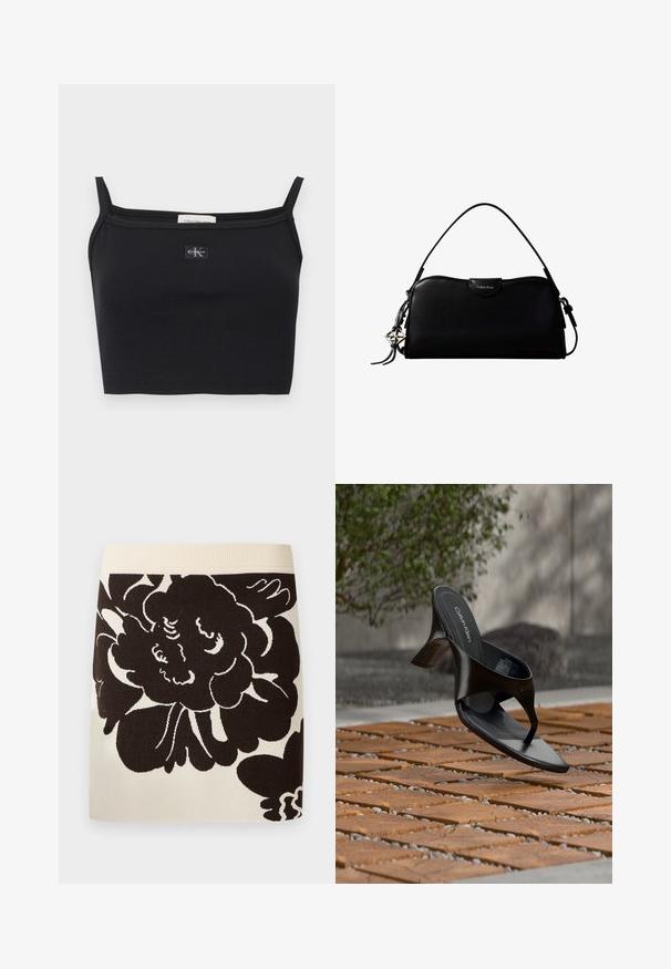 Top corto negro acanalado con tirantes delgados y un pequeño parche con el logo de Calvin Klein centrado en el pecho.; Falda crema con cinturilla ancha acanalada y gran estampado floral negro que cubre la parte delantera del tejido.; Sandalia negra de tacón tipo tanga de Calvin Klein flotando sobre una superficie exterior de azulejos, con vegetación y una pared de hormigón al fondo.; Bolso rectangular negro de Calvin Klein con una única correa superior, dije con el logo plateado y un pequeño cierre de solapa en la parte frontal.