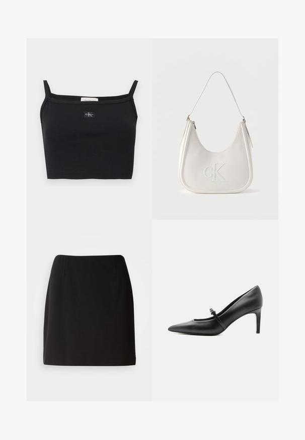 Čierny pruhovaný krátky top s tenkými ramienkami a malou nášivkou s logom Calvin Klein v strede na hrudi.; Čierna sukňa s priliehavým strihom, vyrobená zo hladkej tkaniny. Má jemné predné záhyby a strih do polovice stehien.; Čierna kožená lodička s špicatou špičkou, tenkým remienkom a prackou cez priehlavok, stojaca na neutrálno svetlom pozadí.; Biely kožený ramenný vak so zipsovým uzáverom, zakriveným tvarom a vyvýšeným vyrazeným logom CK na prednej strane.