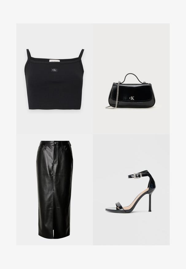 Musta ribbineuloksinen crop-toppi ohuilla olkaimilla ja pienellä Calvin Klein -logopohjallisella rinnassa keskellä.; Musta nahkainen midi-hame, jossa on suora leikkaus, etureikä ja klassinen viiden taskun malli, jossa on metalliset yksityiskohdat.; Musta kiiltävä nahkainen korkokengän sandaali, jossa nilkkahihna. Siinä on minimalistinen muotoilu, avoin varvas ja strassikoristeltu solki.; Mustat nahkalaukku, jossa on ketjuhihna, säädetty muoto ja hopeinen logovahvike. Tasainen pinta, jossa on läpän suljenta.