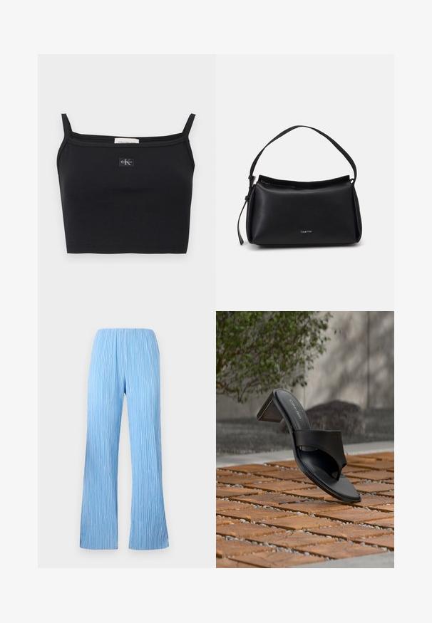 Sort ribstrikket cropped top med tynde stropper og et lille Calvin Klein-logoapplikation midt på brystet.; Lysblå plisserede bukser med bred ben-design, der har lodrette striber og et elastisk taljebånd for komfort. Glat, letvægtsstof.; Sort Calvin Klein hælet sandal med tå-loop på trægulv udendørs nær et træ og en stenmur.; Sorte læderhåndtaske med en buet form, en enkelt skulderrem og lynlås lukning øverst. Har et diskret logo på fronten til branding.