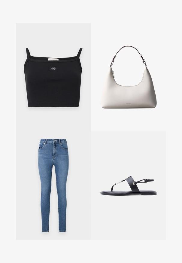 Čierny pruhovaný krátky top s tenkými ramienkami a malou nášivkou s logom Calvin Klein v strede na hrudi.; Úzke džínsy v stredne modrej denimovej farbe, s vysokým pásom, dizajnom piatich vreciek a jemným prešívaním na vreckách a švoch.; Čierna plochá sandála s tenkým pásikom na palec, širokým pásom cez strednú časť chodidla a nastaviteľným remienkom okolo členka na bielom pozadí.; Krémová kožená kabelka Calvin Klein cez rameno s oblým horným okrajom, strieborným zipsom a tmavo hnedým nastaviteľným remienkom.