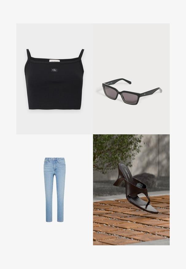 Čierny pruhovaný krátky top s tenkými ramienkami a malou nášivkou s logom Calvin Klein v strede na hrudi.; Svetlomodré džínsové nohavice, rovný strih, päťvreckový štýl, so zapínaním na predné gombíky a zips, s jemným vyblednutím a detailmi prešití.; Hnedá šľapka na podpätku značky Calvin Klein s remienkom, zavesená nad drevenou dlaždicou a štrkovým vonkajším povrchom s rozmazaným zeleným a kamenným pozadím.; Čierne obdĺžnikové slnečné okuliare s tmavými sklami a nenápadným logom na strane, zobrazené na jednoduchom svetlom pozadí.