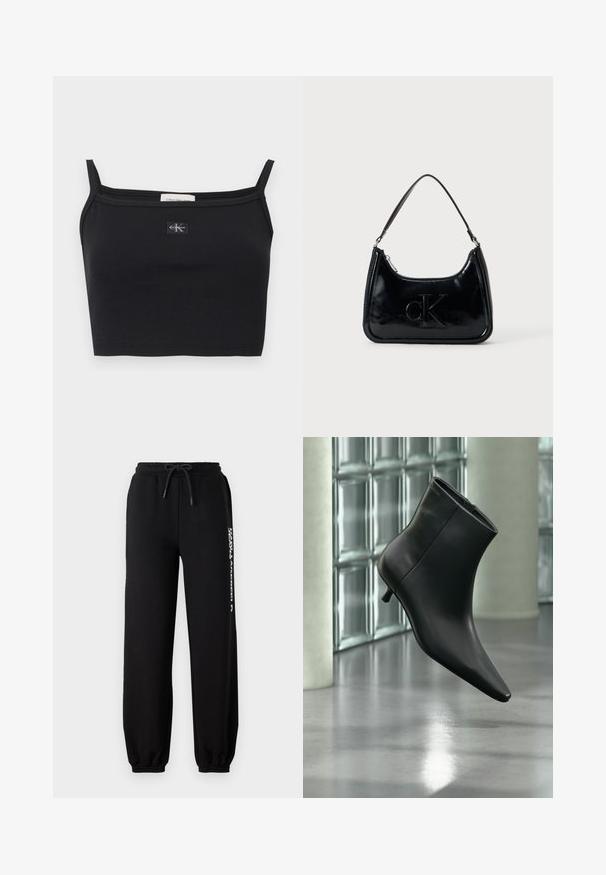 Sort ribstrikket cropped top med tynde stropper og et lille Calvin Klein-logoapplikation midt på brystet.; Sorte sweatpants med elastisk talje, justerbar snor og tætsiddende manchetter. Har et hvidt logo trykt på venstre side.; Sort læderankelstøvle med spids tå og lav kitten-hæ, vist vinklet mod en poleret gulv- og glasblokvæg.; Sort patentlæder håndtaske med et buet topgreb, lynlåsslukning og prægede "cK" logo på fronten. Glat tekstur, struktureret form.