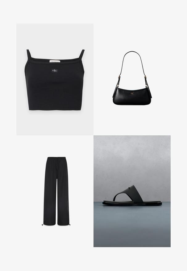 Sort ribstrikket cropped top med tynde stropper og et lille Calvin Klein-logoapplikation midt på brystet.; Sorte brede bukser lavet af letvægtsstof. De har en elastisk talje med snøre og justerbare manchetter ved sømmene.; Sort Calvin Klein thong-sandal, der svæver over trælameller med små sten udendørs, med sløret grønt løv og betonmur i baggrunden.; Sort læder mini skuldertaske med tynd rem og lille gyldent CK-logo på fronten i midten.