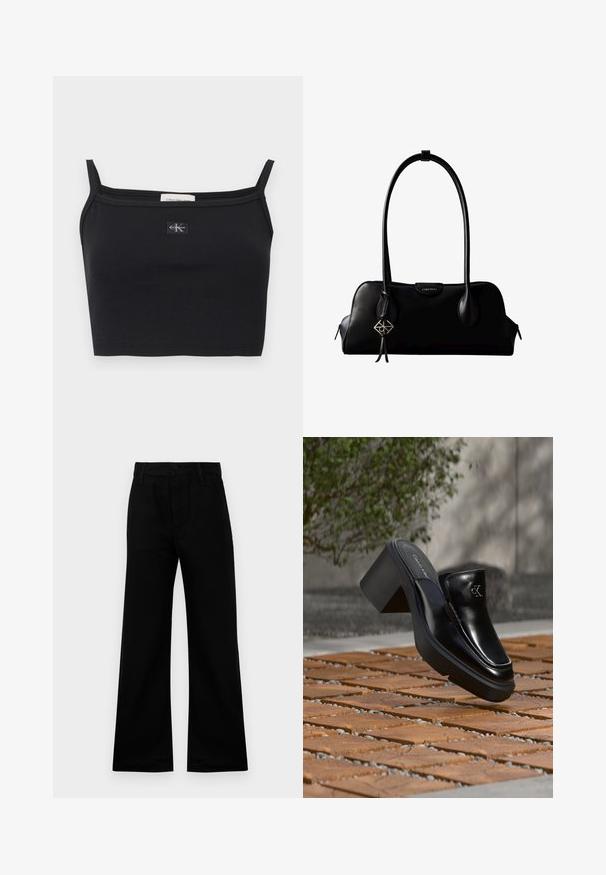 Zwart geribbeld cropped topje met dunne bandjes en een klein Calvin Klein-logo patch in het midden van de borst.; Zwarte wijde broek van gladde stof met een hoge taille, voorzien van een knoopsluiting en riemlussen, en biedt een gestructureerde pasvorm.; Zwarte leren Calvin Klein slip-on mule met blokhak rustend op houten tegels buiten, vlak bij een groene plant en een grijze muur.; Zwarte leren Calvin Klein handtas met lange hengsels, een logo-label aan de voorkant en een zilverkleurige geometrische hanger die aan één hengsel hangt.