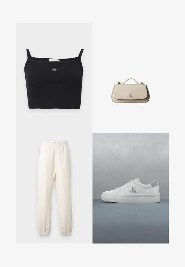 Čierny pruhovaný krátky top s tenkými ramienkami a malou nášivkou s logom Calvin Klein v strede na hrudi.; Krémové tepláky s elastickým pásom a manžetami, zobrazené na svetlom pozadí.; Biele kožené tenisky s plochou podrážkou, s jemným šedým akcentom na päte a výrazným logom 'CK' na boku.; Malá béžová kožená kabelka s horným držadlom a strieborným logom CK na prednej chlopni, zobrazená na bielom pozadí.