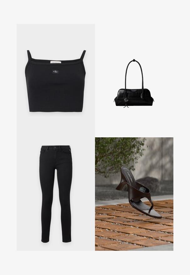 Sort ribstrikket cropped top med tynde stropper og et lille Calvin Klein-logoapplikation midt på brystet.; Sorte skinny jeans lavet af stræk denim. Har et klassisk fem-lomme design og standard metalknaplukning i taljen.; Brun Calvin Klein hælet thong sandal svævende over træflise og grus udendørs med sløret grønt og stenmur i baggrunden.; Sort skuldertaske i krokodillelæder med lange stropper og lille sølvlogo-charm på den ene strop.