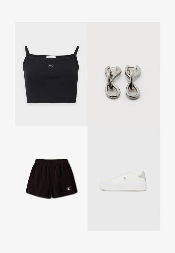 Μαύρο cropped τοπ με ριπ ύφανση και λεπτές τιράντες, με ένα μικρό πατς λογότυπο Calvin Klein στο κέντρο του στήθους.; Μαύρο ελαστικό σορτς με πλαϊνές τσέπες και μικρό λογότυπο Calvin Klein στο μπροστινό κάτω αριστερό μέρος.; Λευκά καμβά παπούτσια με παχιά λευκή σόλα, που διαθέτουν μεταλλικό ασημί τόνο στη φτέρνα και διακριτική λεπτομέρεια λογότυπου στο πλάι.; Ζευγάρι ασημένιων μεταλλικών σκουλαρικιών με αφηρημένο σχέδιο διαπλεγμένων βρόχων σε λευκό φόντο.