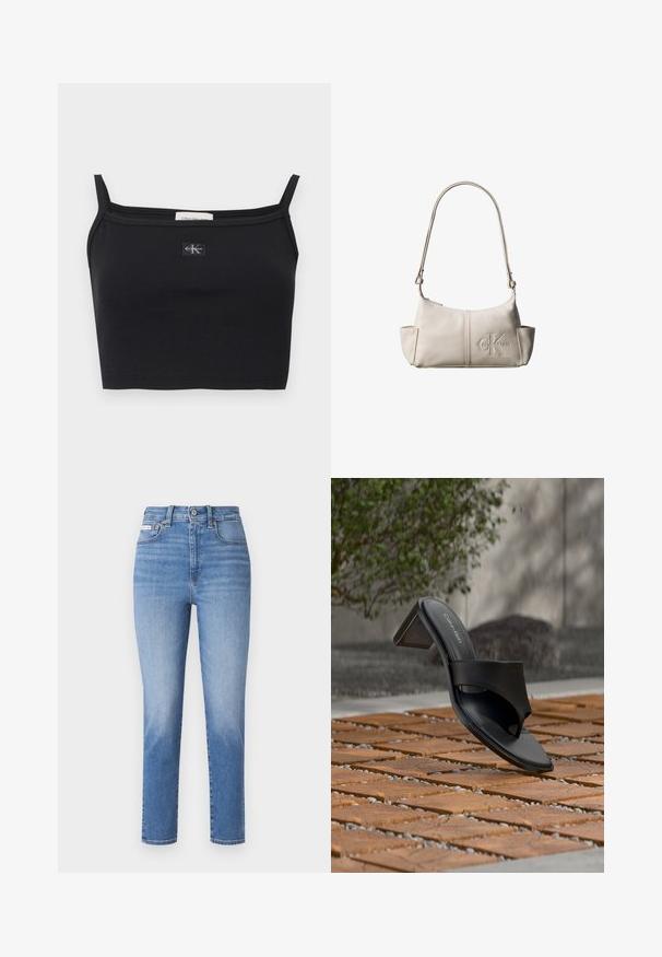 Top corto negro acanalado con tirantes delgados y un pequeño parche con el logo de Calvin Klein centrado en el pecho.; Jeans de denim azul claro con cintura alta, piernas rectas y desvanecidos sutiles. Presentan pasadores para cinturón, cinco bolsillos y cierre de botón metálico.; Sandalia de tacón negra de Calvin Klein con lazo en el dedo sobre un suelo de baldosas de madera al aire libre, cerca de un árbol y un muro de piedra.; Pequeña bolsa de hombro de cuero beige con correa ajustable y logotipo de Calvin Klein en relieve en el centro delantero.