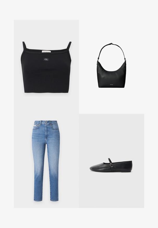 Zwart geribbeld cropped topje met dunne bandjes en een klein Calvin Klein-logo patch in het midden van de borst.; Lichtblauwe denim jeans met een hoge taille, rechte pijpen en subtiele vervagingen. Bevat riemlussen, vijf zakken en een metalen knoopsluiting.; Zwarte leren balletschoenen met een spitse neus, platte zool en een kleine strap met een zilveren gespsluiting.; Zwarte gestructureerde leren schoudertas met een enkele riem en een klein Calvin Klein-logo aan de voorkant in het midden.