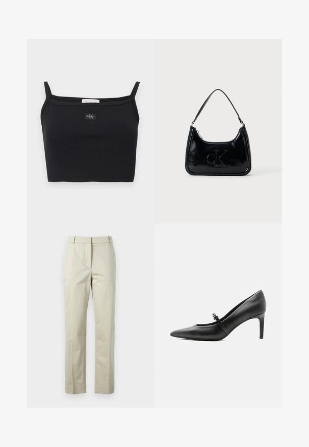 Sort ribstrikket cropped top med tynde stropper og et lille Calvin Klein-logoapplikation midt på brystet.; Beige bomuldsbukser med lige ben, central fold og bæltestropper. Har to sidelommer og en ren, skræddersyet finish.; Sort læderspids højhælede sko med tynd rem og spænde over vristen, stående på en neutral lys baggrund.; Sort patentlæder håndtaske med et buet topgreb, lynlåsslukning og prægede "cK" logo på fronten. Glat tekstur, struktureret form.