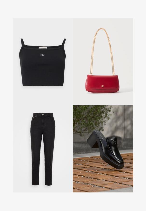 Čierny pruhovaný krátky top s tenkými ramienkami a malou nášivkou s logom Calvin Klein v strede na hrudi.; Čierne vysoké slim-fit džínsy so zapínaním na gombík vpredu, pútkami na opasok a dizajnom s piatimi vreckami na bielom pozadí.; Čierne kožené šľapky Calvin Klein s blokovým podpätkom, ktoré oddychujú na drevených dlaždiciach vonku blízko zelenej rastliny a šedej steny.; Červená kožená taška cez rameno so zlatým retiazkovým popruhom a malým zlatým logom "cK" na prednej klapke.