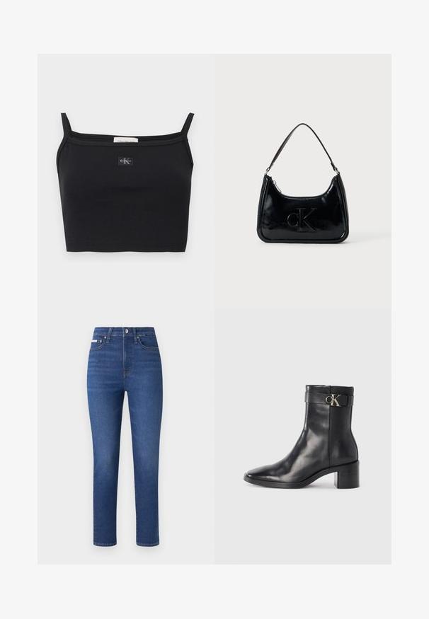 Musta ribbineuloksinen crop-toppi ohuilla olkaimilla ja pienellä Calvin Klein -logopohjallisella rinnassa keskellä.; Tummansiniset farkut suoralla lahkeella, viidellä taskulla ja huomaamattomilla ompelusyillä. Varustettu vetskareilla ja napilla.; Musta nahkainen nilkkuri, jossa on teräväkärkinen muoto, lohkare korko ja hihna, jossa on metallinen logoteema. Sujuva pinta ja minimalistiinen muotoilu.; Mustassa patent-lahjaksi käsilaukussa on kaareva yläkahva, vetskari sulku ja kohokuvioitu "cK"-logo edessä. Tasainen pinta, jämäkkä muoto.