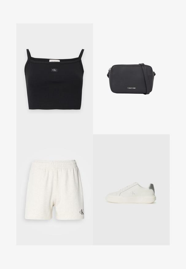 Zwart geribbeld cropped topje met dunne bandjes en een klein Calvin Klein-logo patch in het midden van de borst.; Lichtgrijze katoenen shorts met een elastische tailleband, met een zachte textuur en een klein zwart logo-accent aan de onderzijde rechts.; Witte sneaker van leer met een gladde textuur, featuring een zilveren accent op de hiel, een platte zool en een minimalistisch ontwerp.; Zwarte rechthoekige crossbodytas van synthetisch materiaal, voorzien van een zilveren logo, een smalle riem en een gladde textuur met afgeronde randen.