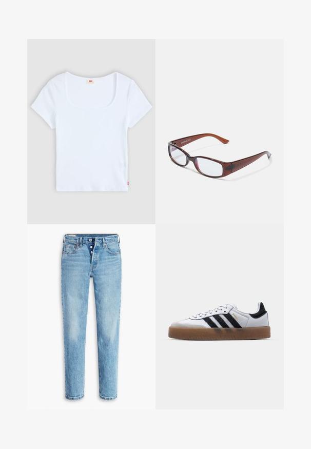 Top blanco de manga corta con escote cuadrado, hecho de un tejido de textura acanalada. Presenta una pequeña etiqueta de logo roja en la parte inferior izquierda.; Jeans de denim azul claro con un diseño de pierna recta, estilo de cinco bolsillos y cierre de botón. Presentan áreas deslavadas y efecto de arrugas para dar textura.; Zapatillas de cuero blancas con rayas negras, suela de goma, puntera redonda, cierre de cordones y caperuza de ante gris suave.; Gafas rectangulares con tintado marrón y acabado brillante, con varillas delgadas y lentes transparentes. Logo visible en la patilla izquierda.