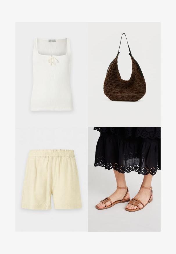 Débardeur blanc côtelé sans manches avec un décolleté carré et un petit nœud noué au centre devant.; Short beige à taille élastique, coupe décontractée et longueur mi-cuisse, en tissu léger.; Sandales en cuir brun clair avec une semelle plate, dotées de brides structurées et d'une boucle de cheville réglable, associées à une jupe noire à œillets.; Sac à main tressé marron avec une forme douce et arrondie et une seule sangle d'épaule noire mince sur un fond uni.