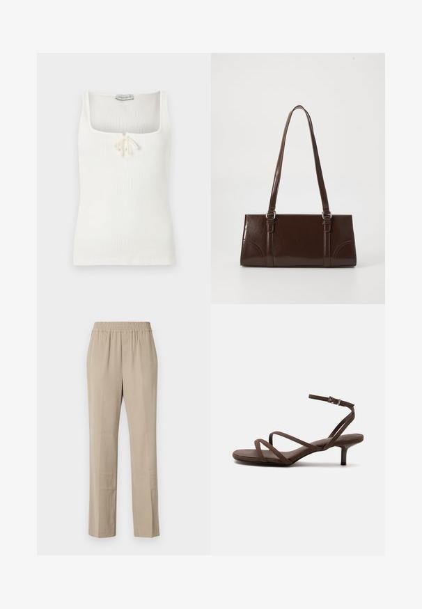 Débardeur blanc côtelé sans manches avec un décolleté carré et un petit nœud noué au centre devant.; Pantalons beige légers avec une taille élastique, coupe droite, texture douce et plis subtils. Pas de poches visibles.; Sandale marron à talons hauts avec fines lanières croisées et bride de cheville avec boucle argentée sur fond blanc.; Sac à main en cuir verni marron de forme rectangulaire, avec deux longues poignées et des accents courbés subtils à l'avant.