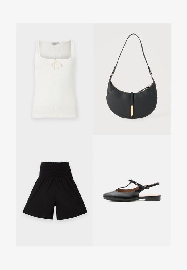Débardeur blanc côtelé sans manches avec un décolleté carré et un petit nœud noué au centre devant.; Shorts noirs taille haute avec une large ceinture élastique froncée et des jambes larges et fluides.; Chaussure plate slingback en cuir noir avec bride en T et boucle dorée sur fond neutre.; Sac à main noir en forme de croissant avec une bandoulière unique, une fermeture éclair dorée et une languette décorative rectangulaire dorée à l'avant.