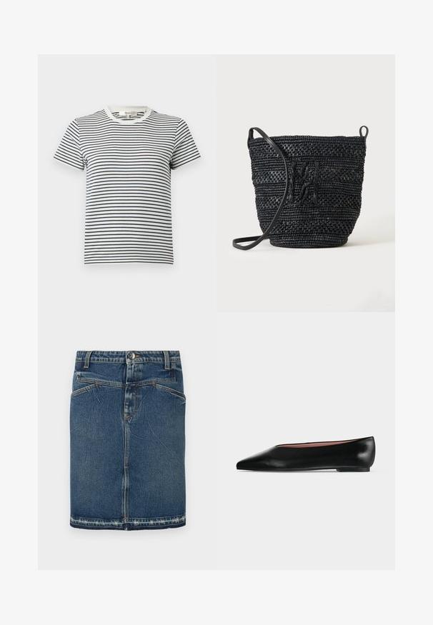 T-shirt rayé en blanc et bleu marine avec des manches courtes et un col rond. Présente des rayures horizontales de différentes largeurs. Matériau en coton doux.; Jupe en denim avec un délavage bleu classique, un design à cinq poches et un ourlet effiloché. Se ferme avec un bouton à l'avant et une fermeture éclair.; Chaussure plate en cuir noir pour femme, avec bout pointu et petit talon, vue de côté sur un fond gris clair uni.; Sac seau noir tissé avec une longue bandoulière et un détail de motif texturé sur un fond uni.