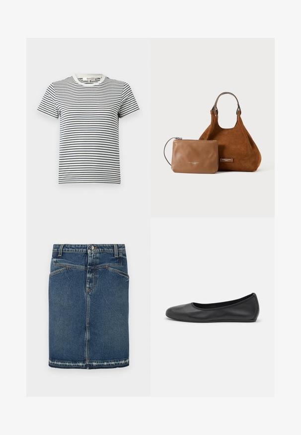 Gestreiftes T-Shirt in Weiß und Marineblau mit kurzen Ärmeln und rundem Halsauschnitt. Mit horizontalen Streifen in unterschiedlicher Breite. Aus weichem Baumwollmaterial.; Denimrock mit einem klassischen Blue-Wash, fünf Taschen-Design und fransigem Saum. Schließt mit einem vorderen Knopf und Reißverschluss.; Schwarze Leder-Ballettschuhe mit abgerundeter Spitze, glatter Textur, minimalen Nähdetails und einem flexiblen Sohlen-Design.; Braune Velourleder-Handtasche mit Schlaufenhenkeln und kleinerer hellbrauner Leder-Reißverschlusstasche vorne auf weißem Hintergrund.