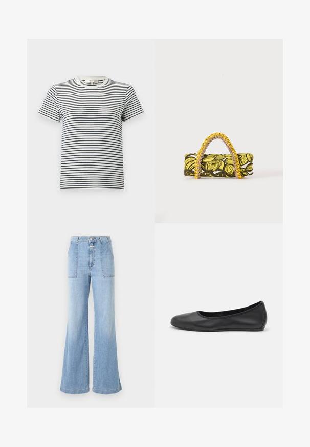 Gestreept T-shirt in wit en marineblauw met korte mouwen en een ronde halslijn. Kenmerkt zich door horizontale strepen van verschillende breedtes. Zacht katoenen materiaal.; CLOSED ARIA - Flared Jeans - light blue; Zwarte leren ballerina met een ronde neus, gladde textuur, minimale stikdetails en een flexibele zoolontwerp.; Rechthoekige tas met geel-zwart bloemenpatroon en gevlochten geel-roze handvat op witte achtergrond.