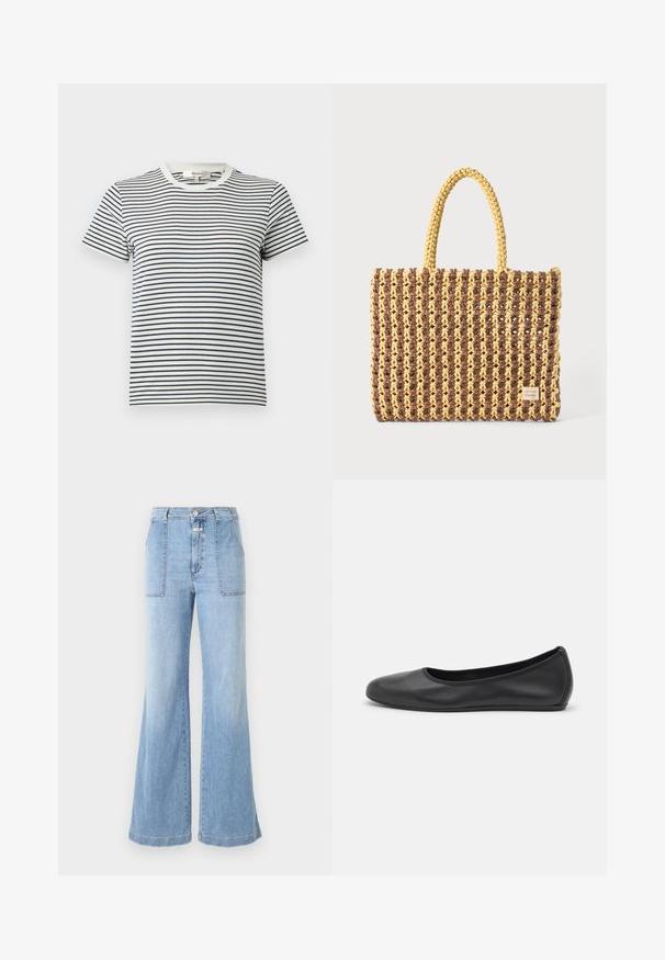 Stribet T-shirt i hvid og marineblå med korte ærmer og rund halsudskæring. Har vandrette striber i forskellige bredder. Blødt bomuldsstof.; CLOSED ARIA - Flared jeans - light blue; Sort læderballetsko med rund tå, glat tekstur, minimal syning og et fleksibelt såldesign.; Vævet taske i brun og gul, med en rektangulær form, to håndtag, og en tekstureret overflade med synlige sting og et mærke.