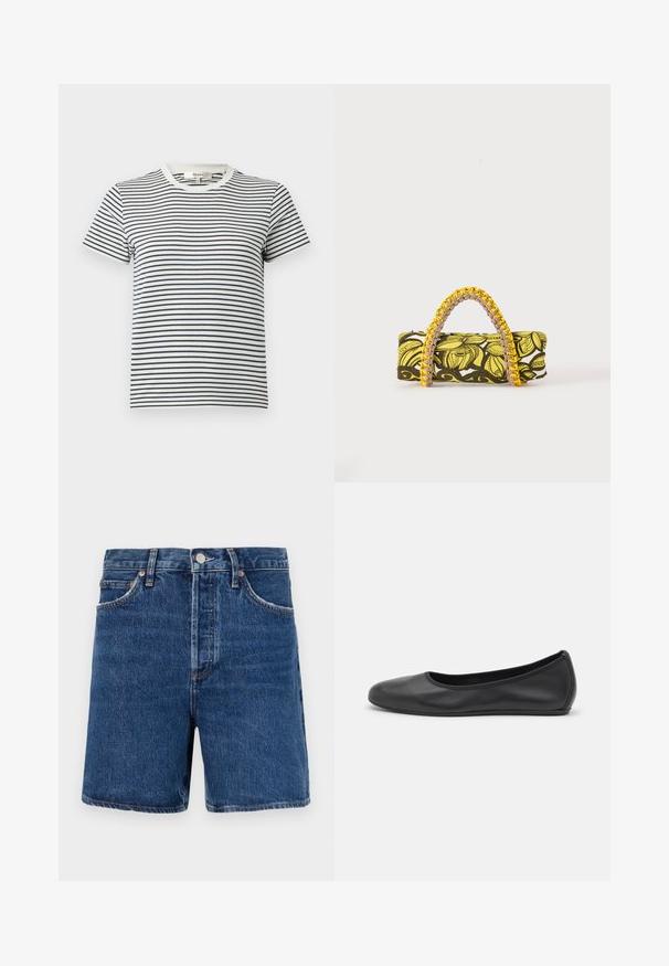 Gestreiftes T-Shirt in Weiß und Marineblau mit kurzen Ärmeln und rundem Halsauschnitt. Mit horizontalen Streifen in unterschiedlicher Breite. Aus weichem Baumwollmaterial.; Dunkelblaue Denim-Shorts im klassischen Schnitt, ausgestattet mit fünf Taschen, einem Knopfverschluss und kontrastierenden orangen Nähten.; Schwarze Leder-Ballettschuhe mit abgerundeter Spitze, glatter Textur, minimalen Nähdetails und einem flexiblen Sohlen-Design.; Rechteckige Tasche mit gelbem und schwarzem Blumenmuster und geflochtenem gelb-pinkem Griff auf weißem Hintergrund.