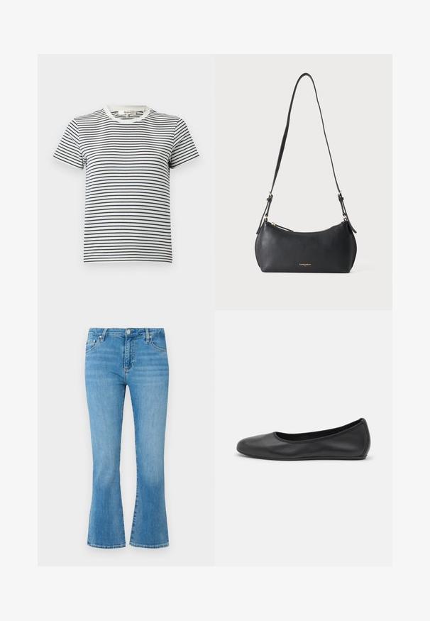 Stribet T-shirt i hvid og marineblå med korte ærmer og rund halsudskæring. Har vandrette striber i forskellige bredder. Blødt bomuldsstof.; Lyseblå denim flared jeans med høj talje, forlommer og en falmet vask. Har en metalspænde lukning og kontraststing.; Sort læderballetsko med rund tå, glat tekstur, minimal syning og et fleksibelt såldesign.; Lille sort læder skuldertaske med justerbar rem og gyldent lynlås, med subtilt gyldent brandtekst foran.