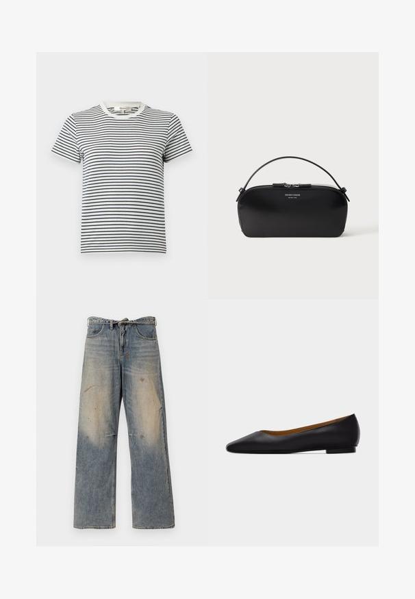 Gestreiftes T-Shirt in Weiß und Marineblau mit kurzen Ärmeln und rundem Halsauschnitt. Mit horizontalen Streifen in unterschiedlicher Breite. Aus weichem Baumwollmaterial.; Helle blaue Denim-Jeans mit einem lockeren, geraden Schnitt. Verfügt über Ausbleichungen, Verwaschungen und abgenutzte Details an den Knien. Klassisches Fünf-Taschen-Design.; Schwarzer flacher Schuh aus Leder mit spitz zulaufender Vorderkappe, niedrigem Absatz und glatter Oberfläche, von der Seite vor einem hellgrauen Hintergrund dargestellt.; Schwarze Leder-Armbandtasche mit silbernem Reißverschluss und kurzem Griff, geprägtes Emporio Armani Milano 1981-Logo auf der Vorderseite.