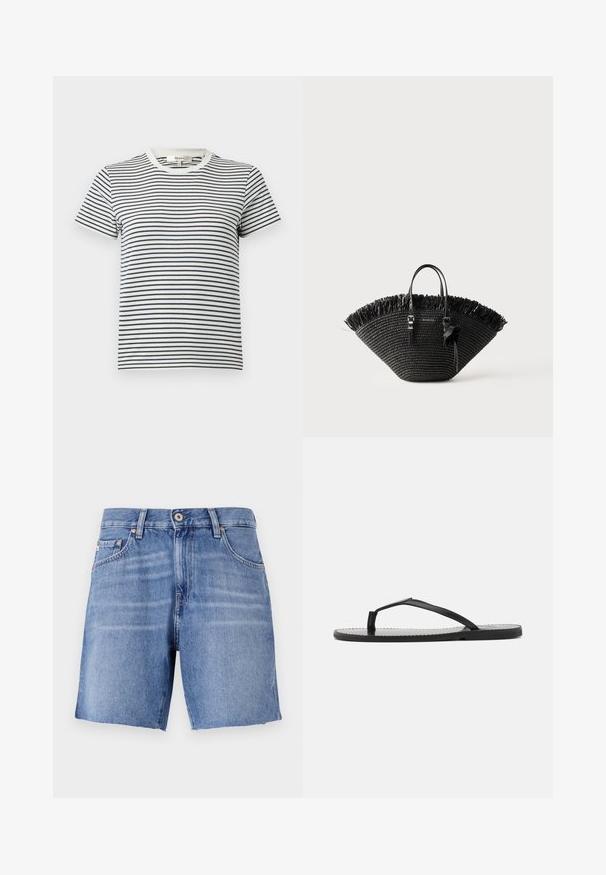 T-shirt rayé en blanc et bleu marine avec des manches courtes et un col rond. Présente des rayures horizontales de différentes largeurs. Matériau en coton doux.; Shorts en denim bleu clair avec une coupe droite, ourlet effilé, cinq poches et fermeture à bouton métallique. Le tissu a une texture lisse avec un léger délavage.; Tongs noires au design minimaliste, avec des sangles fines et une semelle plate. Le matériau semble être du plastique avec une texture lisse.; Sac fourre-tout tissé noir avec une large forme en éventail, bord supérieur frangé, deux poignées et un noeud décoratif sur une des poignées.