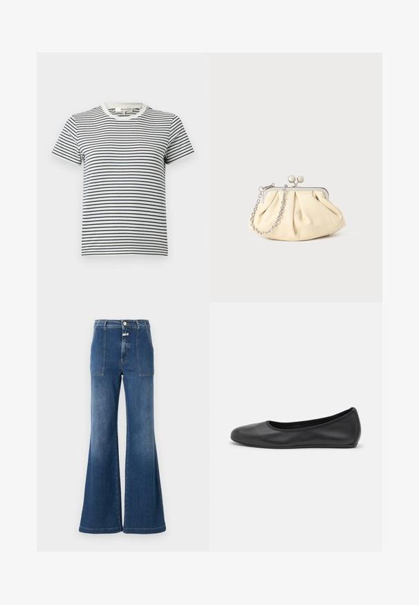 Gestreiftes T-Shirt in Weiß und Marineblau mit kurzen Ärmeln und rundem Halsauschnitt. Mit horizontalen Streifen in unterschiedlicher Breite. Aus weichem Baumwollmaterial.; Hochgeschnittene Schlagjeans aus mittelblauem Denim mit einem verblassten Finish. Verfügt über aufgesetzte Taschen und einen Knopfverschluss. Saubere Säume.; Schwarze Leder-Ballettschuhe mit abgerundeter Spitze, glatter Textur, minimalen Nähdetails und einem flexiblen Sohlen-Design.; Faltige beigefarbene Ledertasche mit einem silbernen Metallrahmen, ausgestattet mit zwei runden dekorativen Verschlüssen und einem silbernen Kettenriemen.