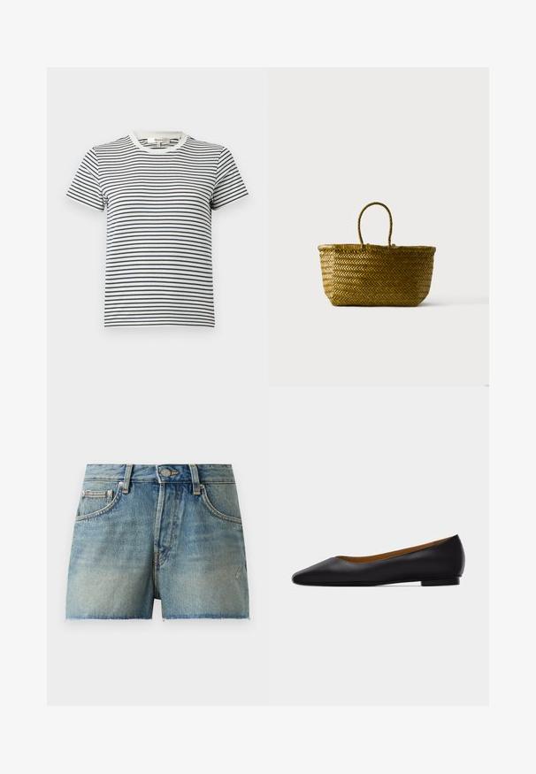T-shirt rayé en blanc et bleu marine avec des manches courtes et un col rond. Présente des rayures horizontales de différentes largeurs. Matériau en coton doux.; Shorts en denim de couleur bleu clair, avec une taille haute, un ourlet effiloché et un style traditionnel à cinq poches avec quincaillerie en métal.; Chaussure plate en cuir noir à bout pointu avec talon bas et finition lisse, vue de côté sur un fond gris clair.; Sac cabas en paille tressée avec une anse en boucle, forme rectangulaire arrondie et couleur naturelle marron sur un fond uni.