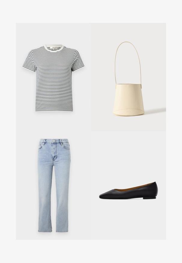 Gestreiftes T-Shirt in Weiß und Marineblau mit kurzen Ärmeln und rundem Halsauschnitt. Mit horizontalen Streifen in unterschiedlicher Breite. Aus weichem Baumwollmaterial.; Hellblaue Jeans aus Denim mit geradem Bein, fünf Taschen, einem Knopf- und Reißverschluss sowie sichtbaren Nahtdetails.; Schwarzer flacher Schuh aus Leder mit spitz zulaufender Vorderkappe, niedrigem Absatz und glatter Oberfläche, von der Seite vor einem hellgrauen Hintergrund dargestellt.; Handtasche aus cremefarbenem, glattem Leder im Bucket-Stil mit langem Riemen und dezent eingeprägtem Markennamen auf einfarbigem Hintergrund.