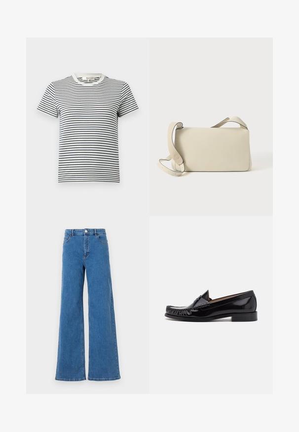 Gestreept T-shirt in wit en marineblauw met korte mouwen en een ronde halslijn. Kenmerkt zich door horizontale strepen van verschillende breedtes. Zacht katoenen materiaal.; Brede blauwe denim jeans met een hoge taille, voorzakken en een knoopsluiting. De stof heeft een gladde textuur en een klassiek stikselpatroon.; Zwarte leren mokassin met een glanzende afwerking, voorzien van franjes aan de voorkant en een lage gestapelde hak.; Crème-kleurige leren schoudertas met een verstelbare schouderband en klepafsluiting, tegen een effen witte achtergrond.
